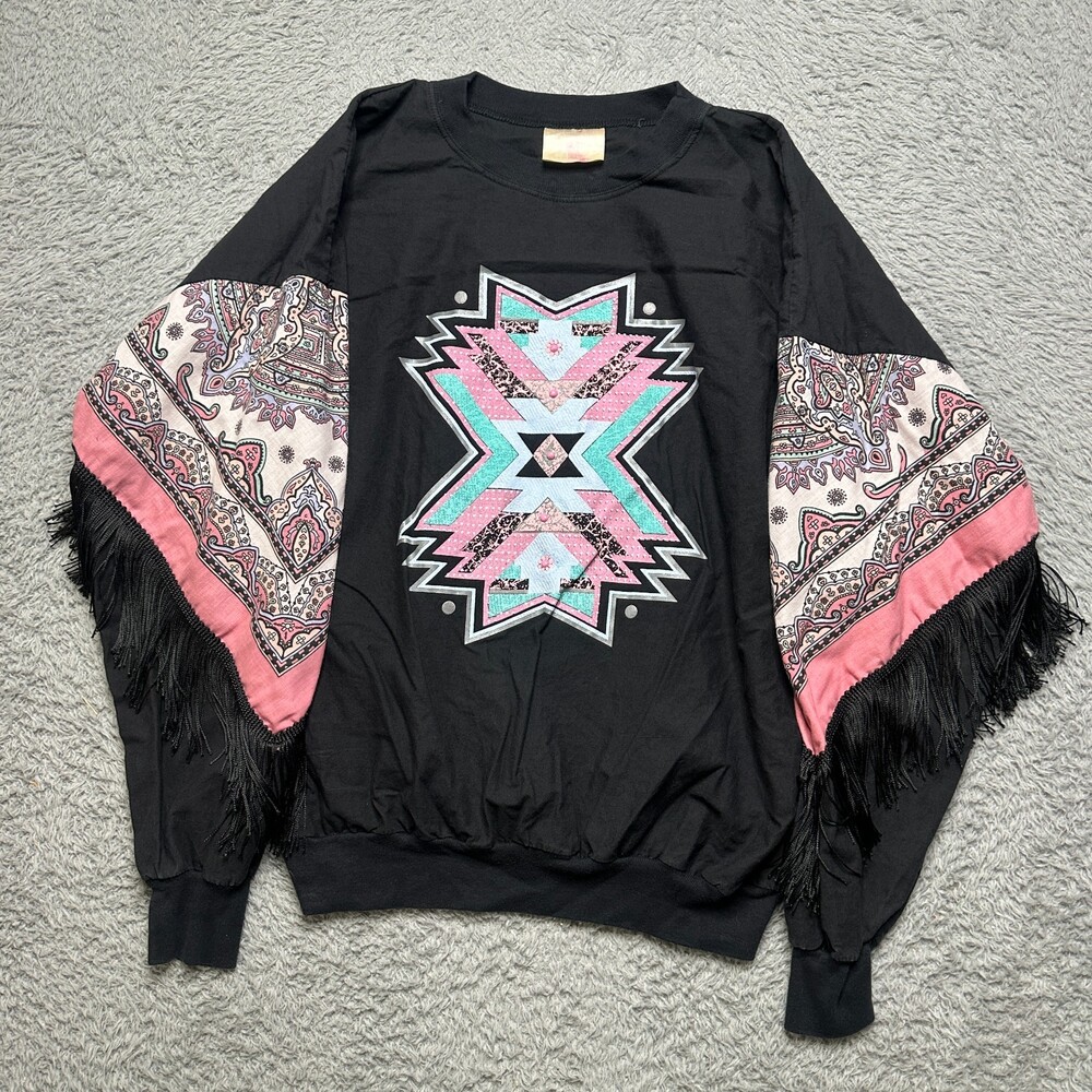 Vintage Aztec Fringe Shirt Womens L Black Pink Tassel South Western